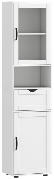 HOMCOM Mobilier de Baie Slim cu Dulapuri și Ușă din Sticlă, Mobilier Economizitor de Spațiu cu Raft Deschis, Sertar și Rafturi Ajustabile, Coloană Modernă, 40x30x165 cm, Alb | Aosom Romania