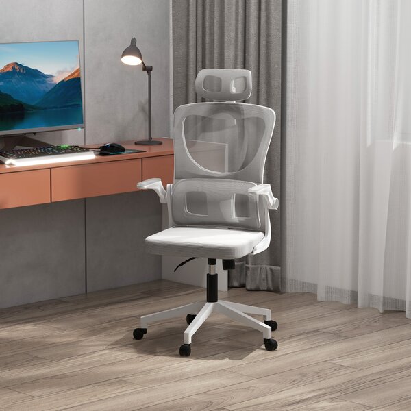 Vinsetto Scaun Ergonomic de Birou, Tetieră Reglabilă, Suport Lombar, 70x66x120-128 cm, Gri | Aosom Romania