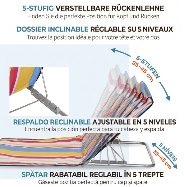 Outsunny Set 2 Șezlonguri de Plajă cu Spătar Reglabil pe 5 Niveluri, Tetieră și Geantă de Transport, 124x53x35-45 cm, Multicolor | Aosom Romania