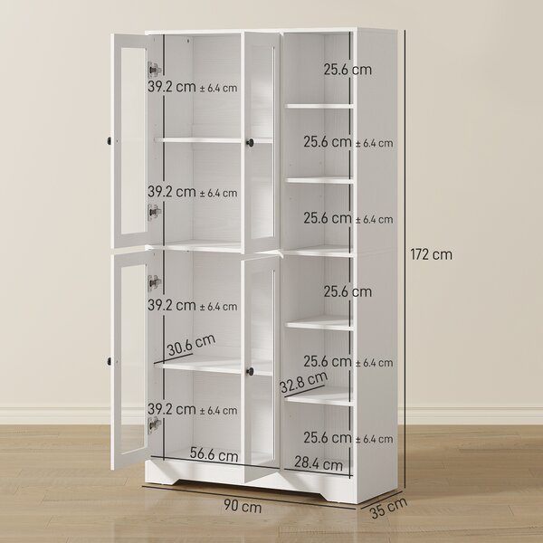 HOMCOM Bufet Bucătărie Înalt, Dulap Dispensa cu 4 Uși din Sticlă Soft-Close, 6 Rafturi Deschise, Rafturi Reglabile, Alb | Aosom Romania