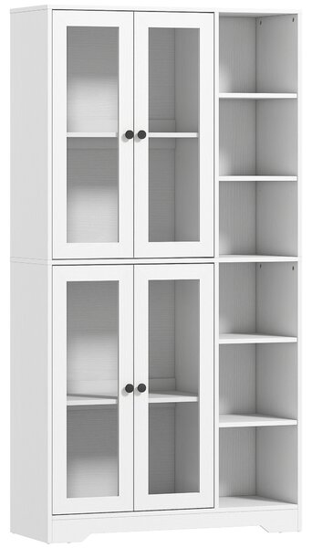 HOMCOM Bufet Bucătărie Înalt, Dulap Dispensa cu 4 Uși din Sticlă Soft-Close, 6 Rafturi Deschise, Rafturi Reglabile, Alb | Aosom Romania