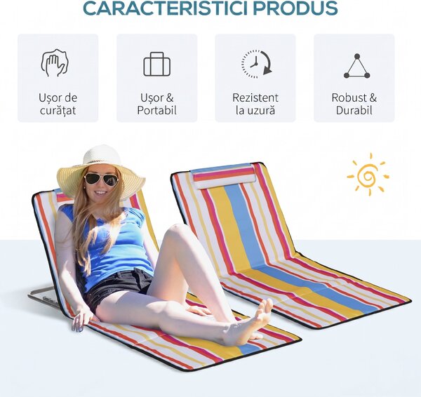Outsunny Set 2 Șezlonguri de Plajă cu Spătar Reglabil pe 5 Niveluri, Tetieră și Geantă de Transport, 124x53x35-45 cm, Multicolor | Aosom Romania