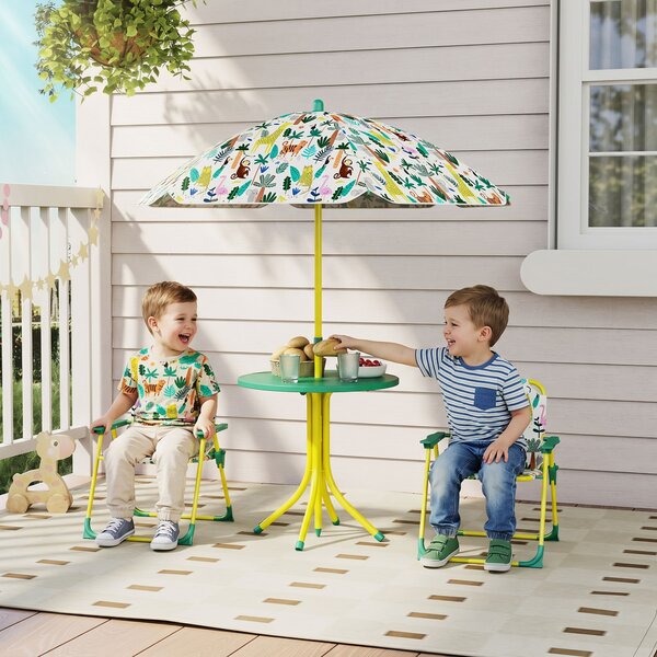 AIYAPLAY Masă de Picnic pentru Copii, Set Masă și Două Scaune Pliabile cu Umbrelă Demontabilă, Tematică Jungle, Mobilier de Exterior pentru Grădină, Terasă, Verde | Aosom Romania