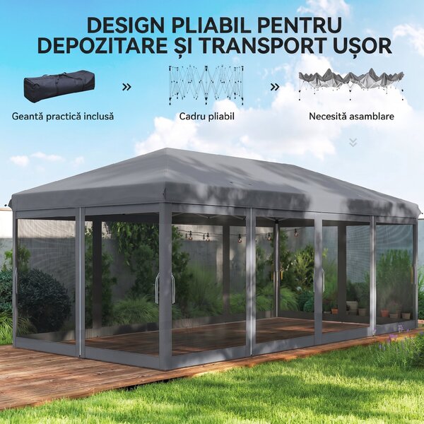 Outsunny Pergolă Pliabilă cu 6 Plase de Țânțari, Pergolă de Grădină cu Structură din Oțel, 591x295cm, Crem Alb | Aosom Romania