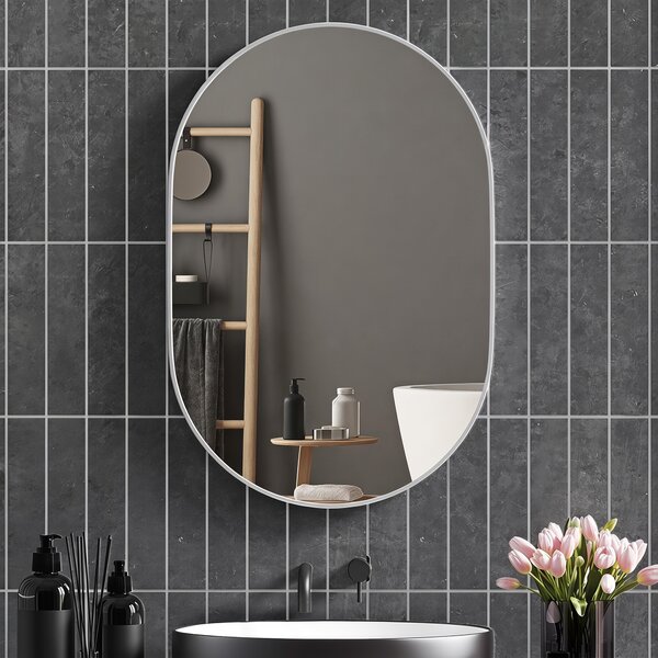 HOMCOM Oglindă Ovală pentru Baie, Oglindă Modernă de Perete cu Rama din Aluminiu și Montaj Vertical sau Orizontal, 60x90 cm, Argintiu | Aosom Romania