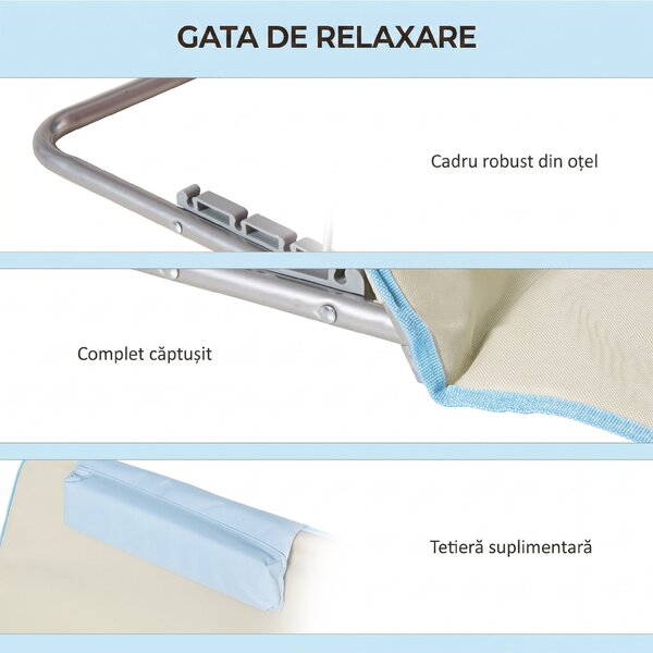 Outsunny Set 2 Șezlonguri cu Spătar Reglabil pe 5 Niveluri, Tetieră și Geantă de Transport, 124x53x35-45 cm, Bej | Aosom Romania