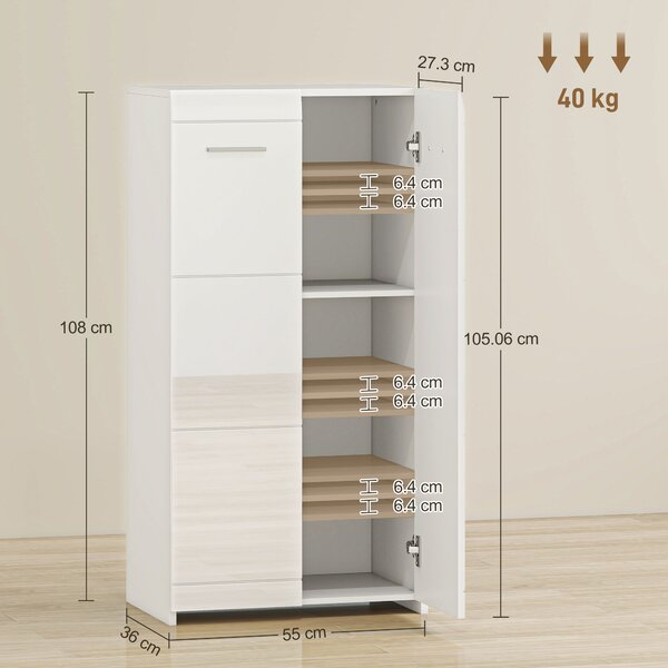 HOMCOM Dulap pentru Pantofi Lucios, Mobilier Modern cu Rafturi Reglabile pentru Hol, Coridor, Capacitate 10 Perechi, Alb | Aosom Romania