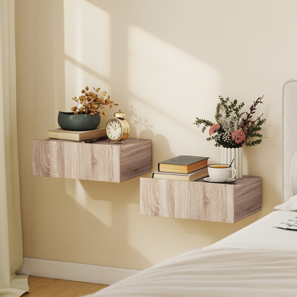 HOMCOM Set de 2 Noptiere Suspendate cu Sertar, Pereche de Noptiere Moderne din Lemn, Mese Laterale pentru Canapea, Living și Dormitor, 40x30x15 cm, Stejar | Aosom Romania