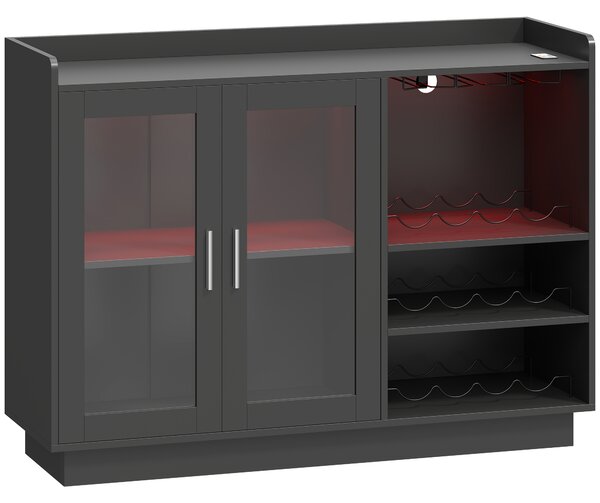 HOMCOM Dulap Port-Sticle cu Lumini LED RGB și Suport pentru 12 Sticle, Dulap pentru Vinuri cu Raft Reglabil și Uși cu Închidere Lentă din Sticlă pentru Casă, Bucătărie și Sufragerie, Negru | Aosom Romania