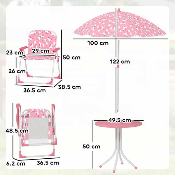 AIYAPLAY Masă de Picnic pentru Copii, Set Masă și Scaune cu 2 Scaune Pliabile și Umbrelă Detasabilă, Temă Junglă, Mobilier de Exterior pentru Grădină, Patio, Roz | Aosom Romania