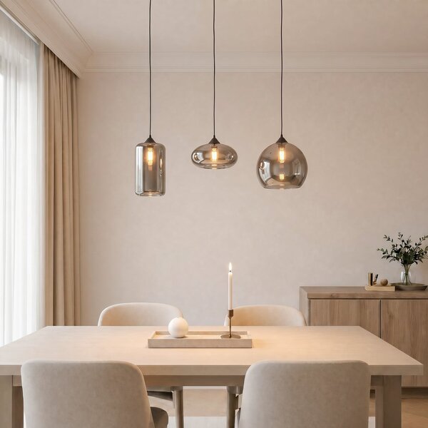 Lindby lampă suspendată Marla, 3 becuri, sticlă, gri fumuriu, 102cm, reglabil, Gri, Camera de zi / sufragerie, Metal, Modern