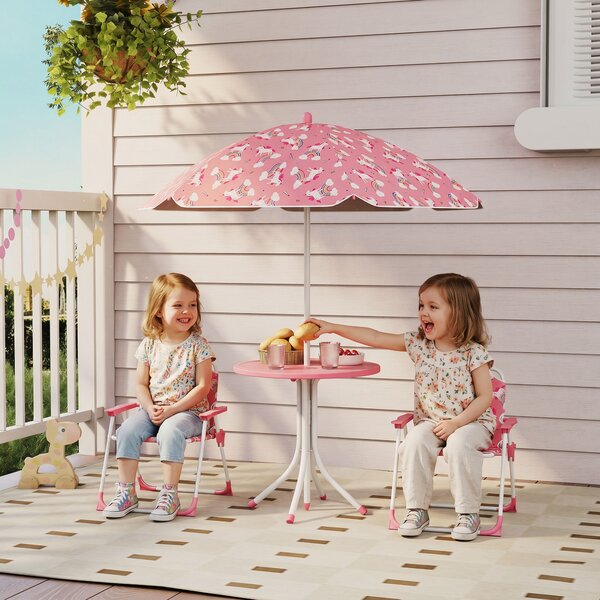 AIYAPLAY Masă de Picnic pentru Copii, Set Masă și Scaune cu 2 Scaune Pliabile și Umbrelă Detasabilă, Temă Junglă, Mobilier de Exterior pentru Grădină, Patio, Roz | Aosom Romania