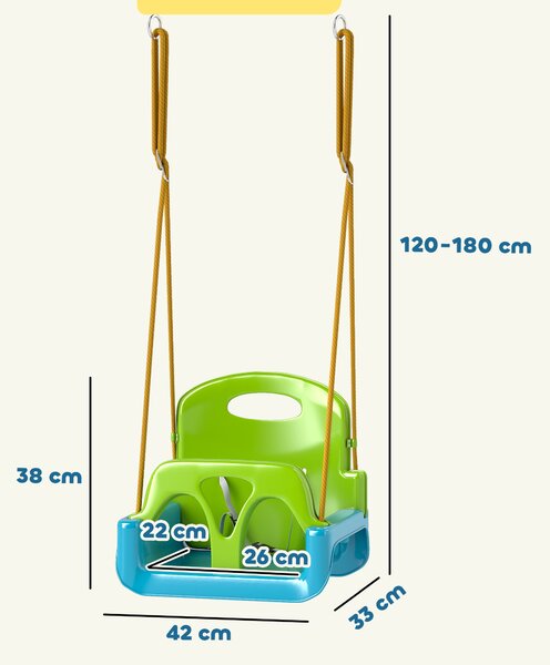 Outsunny Leagăn pentru Copii 3 în 1 pentru Interior și Exterior, Leagăn de Grădină pentru Bebeluși și Copii 9-36 Luni, Frânghie Reglabilă 120-180 cm și Centură de Siguranță, 42x33x120-180 cm, Verde | Aosom Romania