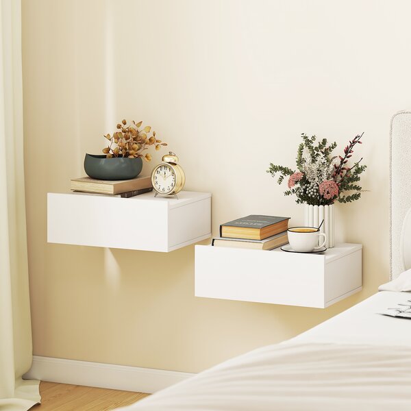 HOMCOM Set de 2 Noptiere Suspendate pentru Dormitor cu Sertar, 40x30x15 cm, Alb | Aosom Romania