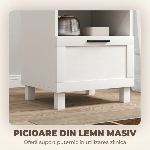 HOMCOM Noptieră Dormitor cu Sertar și Raft Deschis, Noptieră Modernă Compactă cu Picioare din Lemn de Pin, 45x38x50 cm, Alb | Aosom Romania