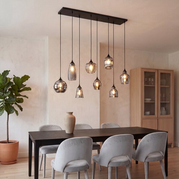 Lampa suspendată Art Deco neagră cu sticlă fumurie cu 8 lumini - Hanne