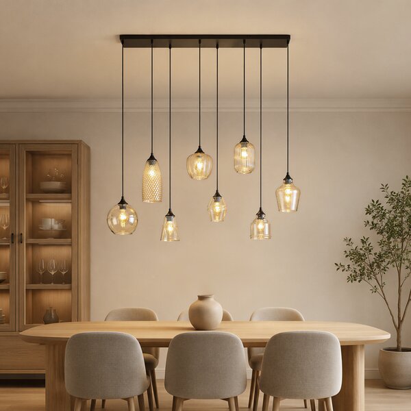 Lampa suspendată Art Deco neagră cu sticlă ambră cu 8 lumini - Hanne