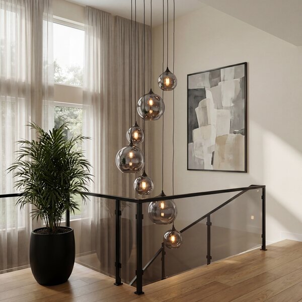Lampă suspendată Art Deco neagră cu sticlă fumurie rotundă cu 7 lumini - Sandra