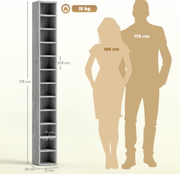 HOMCOM Raft Bibliotecă Pentru CD-uri cu 12 Polițe pentru 204 CD-uri, din MDF și PAL, 21 x 20 x 175 cm, Gri | Aosom Romania