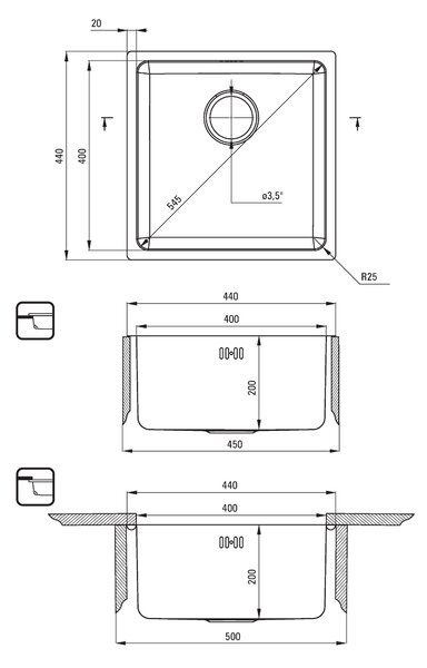 Deante Egeria, chiuvetă sub placă din oțel inoxidabil cu 1 cameră B/O 440x440x200 3,5" + sifon care economisește spațiu, model satinat, ZPE_010B