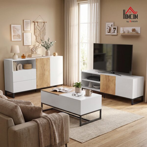 HOMCOM Comodă TV cu Rafturi Reglabile și Ușă Soft-Close, PAL și Oțel, 140x36,5x50 cm, Alb și Stejar | Aosom Romania