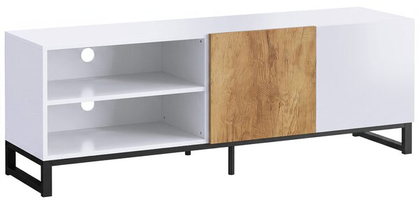 HOMCOM Comodă TV cu Rafturi Reglabile și Ușă Soft-Close, PAL și Oțel, 140x36,5x50 cm, Alb și Stejar | Aosom Romania