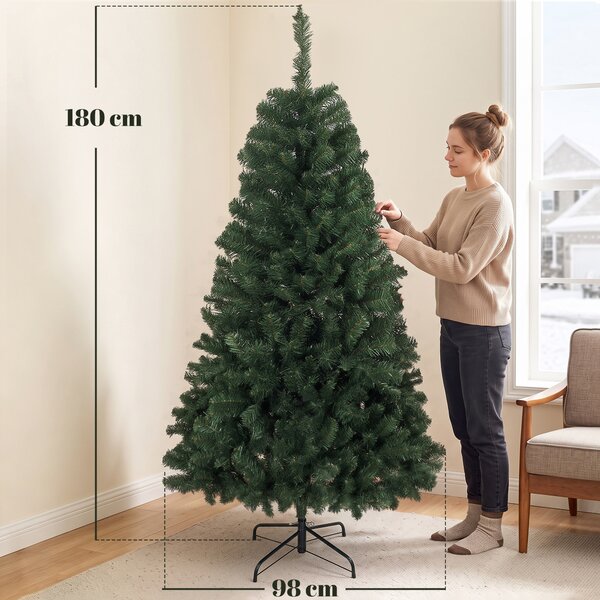 HOMCOM Brad Artificial de Crăciun, 180 cm, 888 Ramuri Ignifuge, Bază Metalică Pliabilă, Verde | Aosom Romania