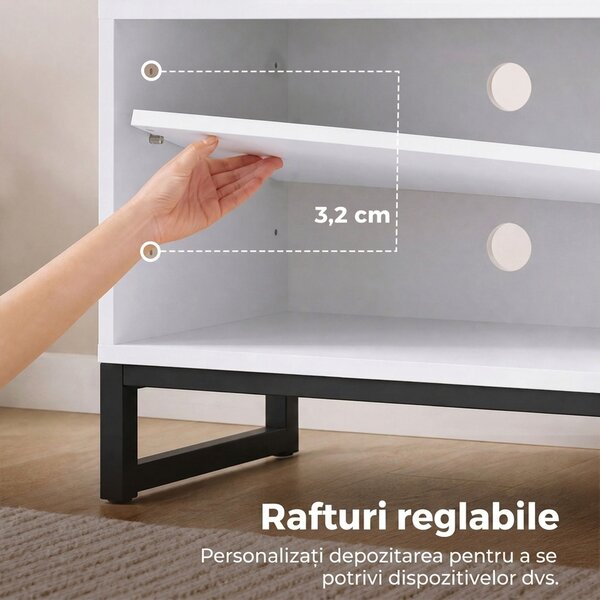 HOMCOM Comodă TV cu Rafturi Reglabile și Ușă Soft-Close, PAL și Oțel, 140x36,5x50 cm, Alb și Stejar | Aosom Romania