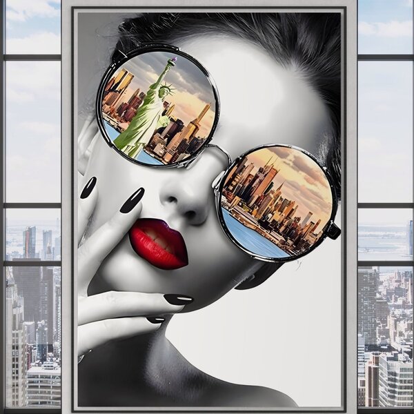 Tablou Canvas Premium LuxCanva® B1103, Privind Spre New York , Birou, America, Statuia Libertatii, Dormitor, Vacanta, Ochelari, Zgarie Nori, Culori Vibrante
