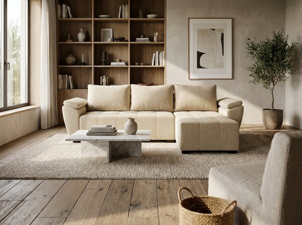 Coltar extensibil LIVARO, crem, reversibil, 251x140 cm