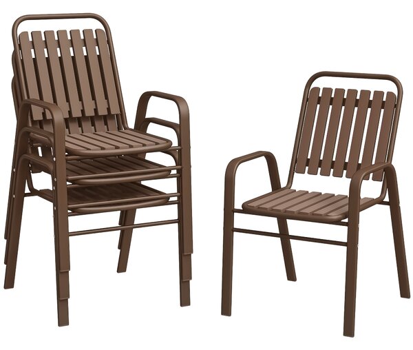 Outsunny Set de 4 Scaune de Grădină Stivuibile cu Spătar Înalt și Brațe, 56x66x91 cm, Maro Închis | Aosom Romania