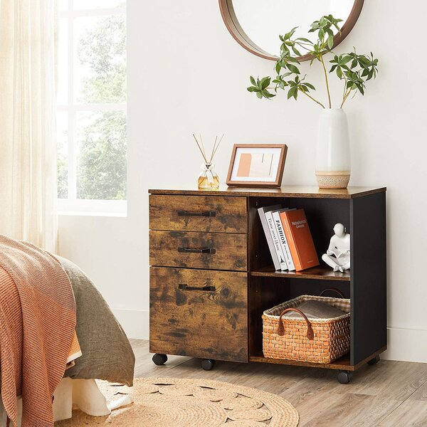 Dulap de birou cu 3 sertare, container de birou cu raft deschis, maro rustic
