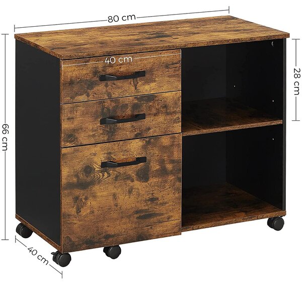 Dulap de birou cu 3 sertare, container de birou cu raft deschis, maro rustic