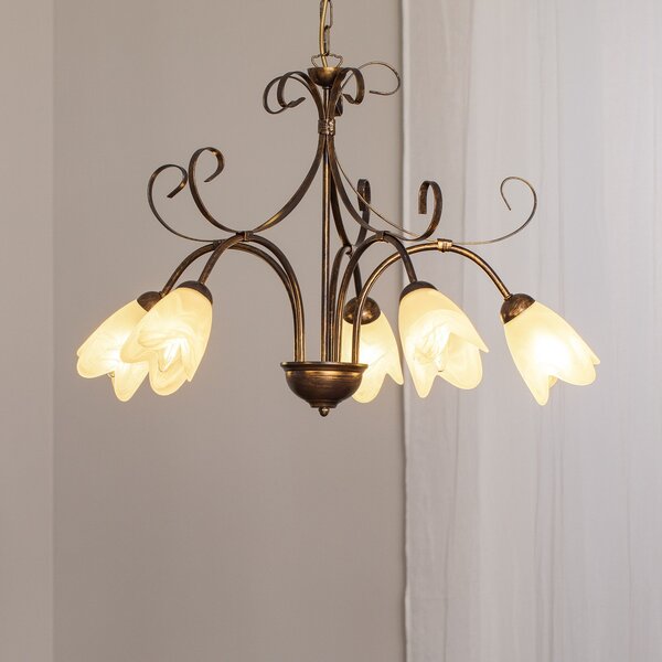 ONLI Lampă suspendată Odino, 5 becuri, culoare bronz, metal, sticlă, reglabil, Bronz / Alamă Veche, Camera de zi / sufragerie, Metal