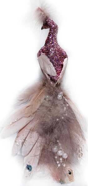 Decoratiune Craciun, pasare paun cu glitter, roz, 32cm