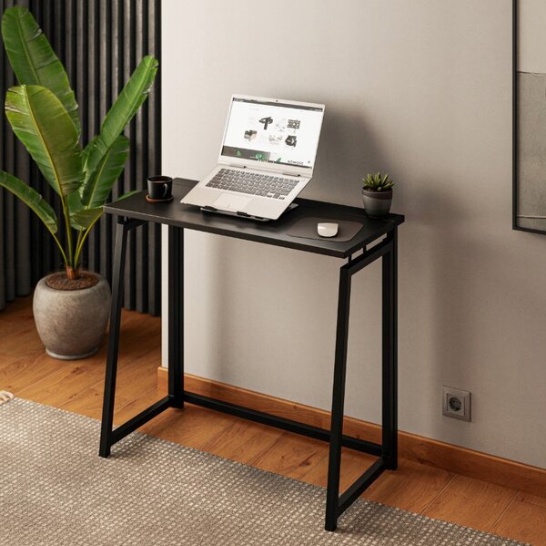 Birou pliabil pentru calculator Ruhhy - Stil industrial Loft, cadru metalic, negru, 80x75x40 cm