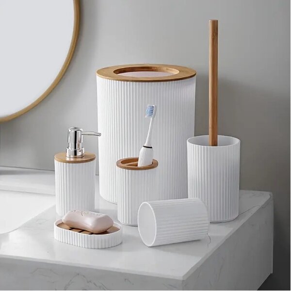 Set accesorii de baie Ruhhy - 6 piese cu detalii din bambus natural, alb