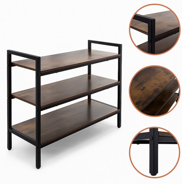 Raft pentru pantofi Ruhhy - 3 niveluri, structură metalică, stil industrial, Maro Rustic și Negru