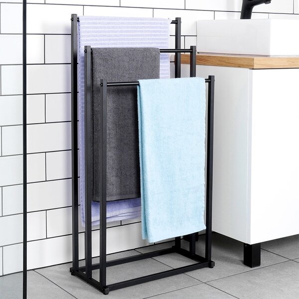 Suport pentru prosoape din metal vopsit electrostatic Vilde - 3 bare pentru uscare, construcție stabilă, Negru, 44 x 21 x 86 cm