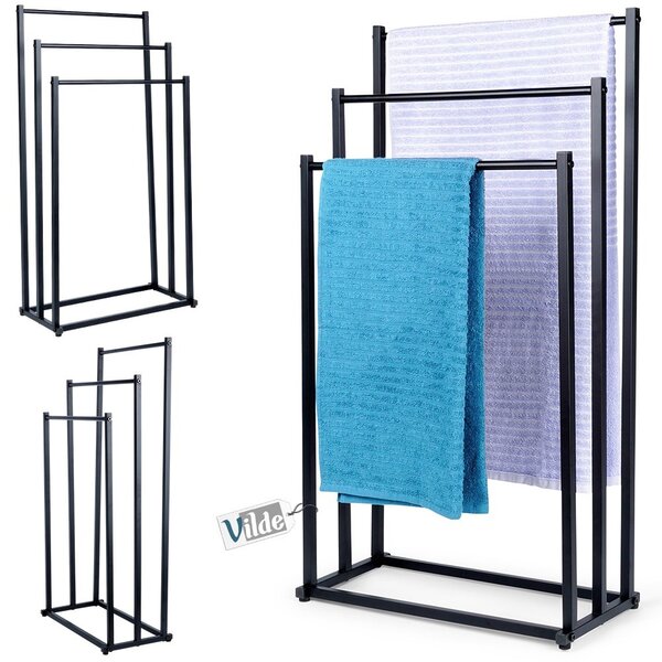 Suport pentru prosoape din metal vopsit electrostatic Vilde - 3 bare pentru uscare, construcție stabilă, Negru, 44 x 21 x 86 cm