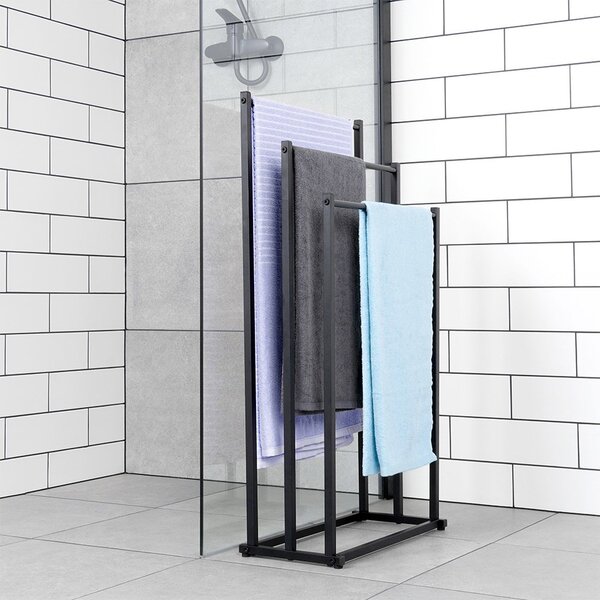 Suport pentru prosoape din metal vopsit electrostatic Vilde - 3 bare pentru uscare, construcție stabilă, Negru, 44 x 21 x 86 cm