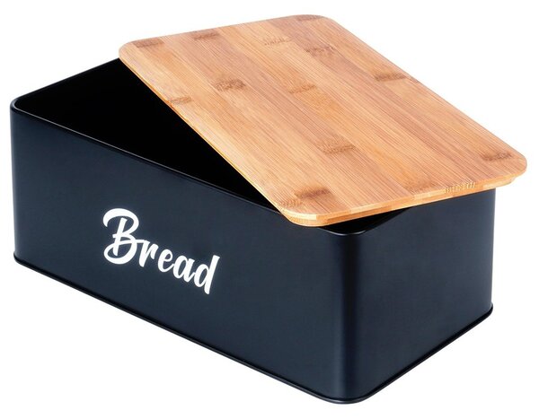 Set cutie de pâine din bambus cu capac din oțel și 3 recipiente pentru bucătărie Vilde - Negru Mat