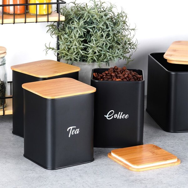 Set cutie de pâine din bambus cu capac din oțel și 3 recipiente pentru bucătărie Vilde - Negru Mat