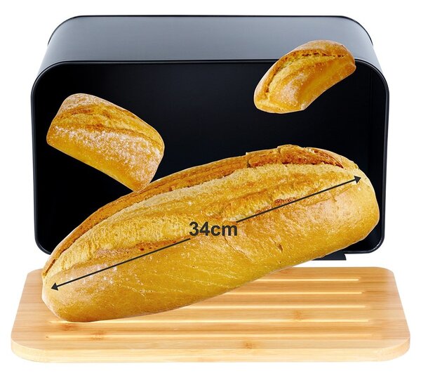 Cutie de pâine metalică cu capac din bambus Vilde - funcție de tocător, Negru, 35 x 22 x 20.5 cm