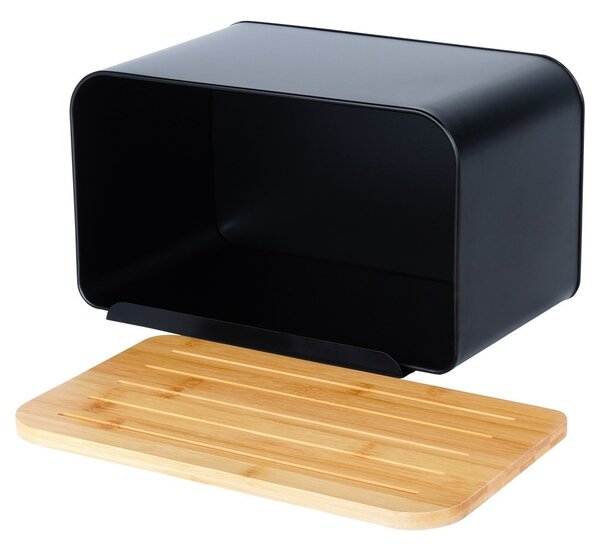 Cutie de pâine metalică cu capac din bambus Vilde - funcție de tocător, Negru, 35 x 22 x 20.5 cm