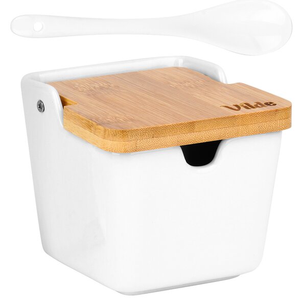 Zaharniță / Recipient pentru sare din ceramică albă Vilde - capac și linguriță din bambus, 250 ml