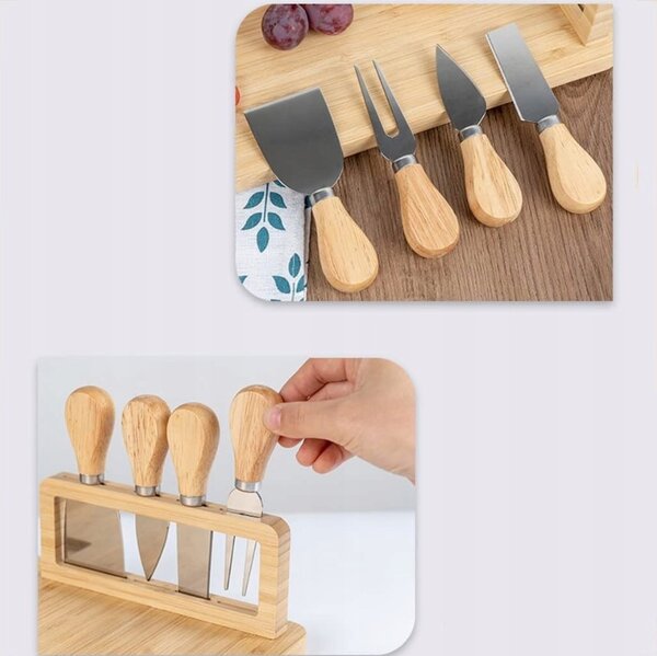 Set platou din bambus pentru servirea brânzeturilor Vilde - include 4 cuțite din inox, design elegant