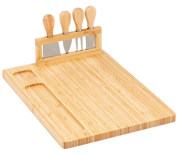 Set platou din bambus pentru servirea brânzeturilor Vilde - include 4 cuțite din inox, design elegant