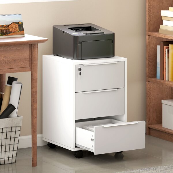 HOMCOM Dulap de Birou cu 3 Sertare cu Chei și 4 Rotile Alb și Gri | Aosom Romania