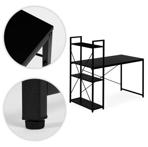 Birou pentru computer în stil Loft ModernHome - Cu rafturi de depozitare, cadru metalic, negru, 120x60 cm